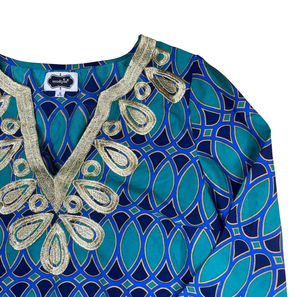 Mud Pie Women's Tunic Top, Geometric‎ Print, Gold Embroidered V-Neck, Size S